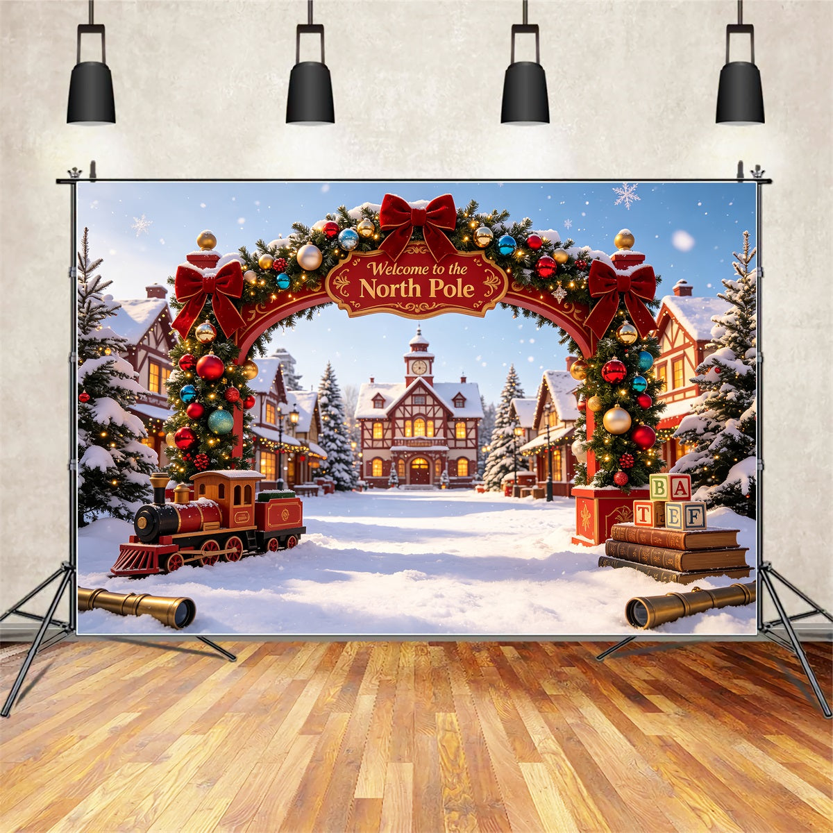 Weihnachtskulisse Nordpol Tor Zum Verschneiten Dorf Weihnachts-Fotografie-Hintergrund CSH69-31