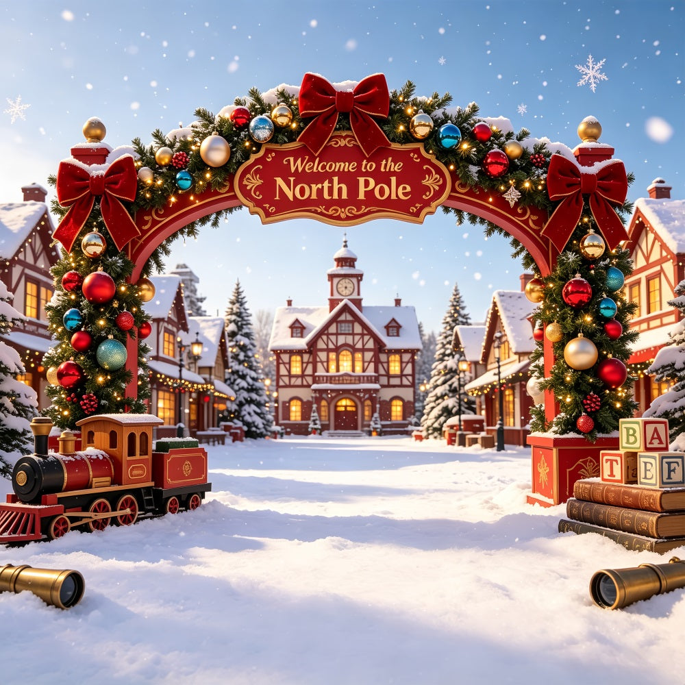 Weihnachtskulisse Nordpol Tor Zum Verschneiten Dorf Weihnachts-Fotografie-Hintergrund CSH69-31