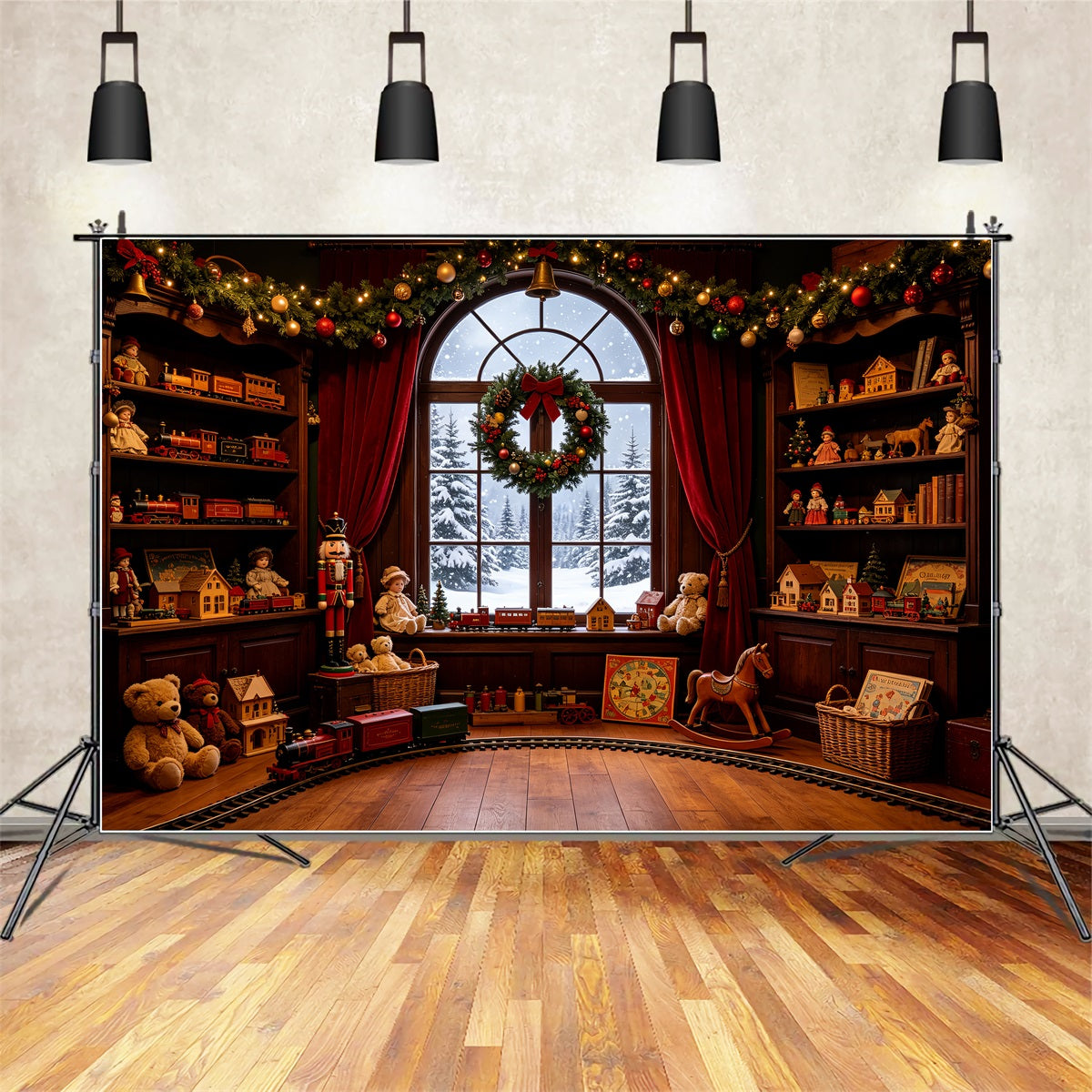 Vintage-Weihnachtskulisse Fenster Zum Spielzeugeisenbahnzimmer Große Weihnachtskulissen CSH69-35