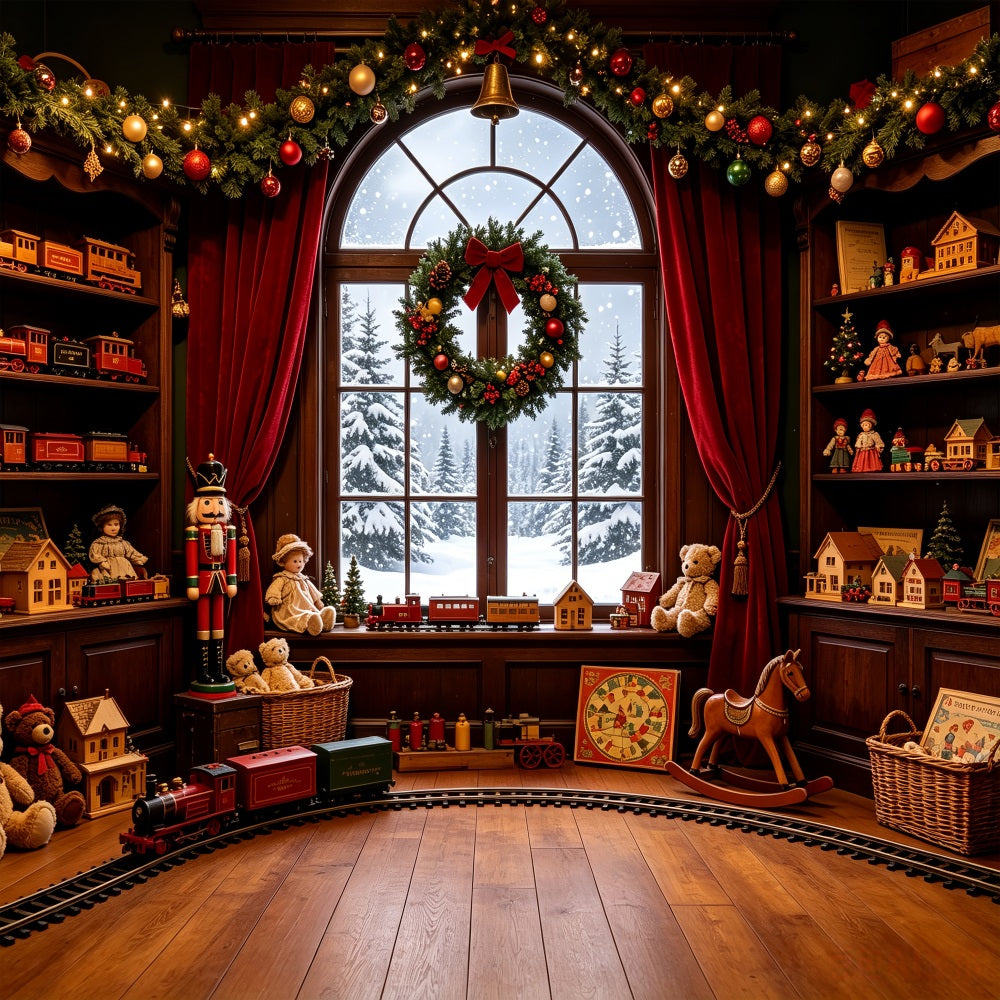Vintage-Weihnachtskulisse Fenster Zum Spielzeugeisenbahnzimmer Große Weihnachtskulissen CSH69-35