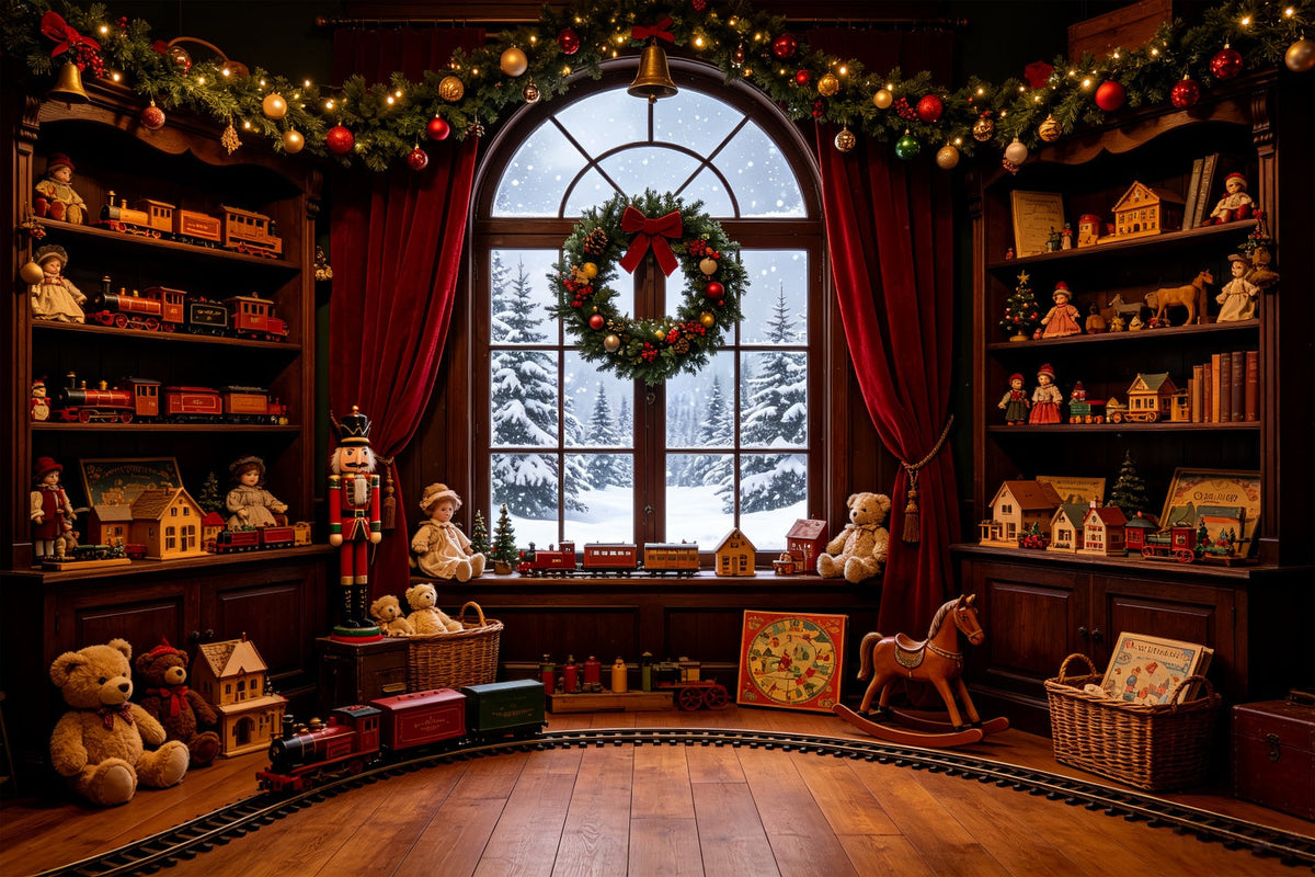 Vintage-Weihnachtskulisse Fenster Zum Spielzeugeisenbahnzimmer Große Weihnachtskulissen CSH69-35