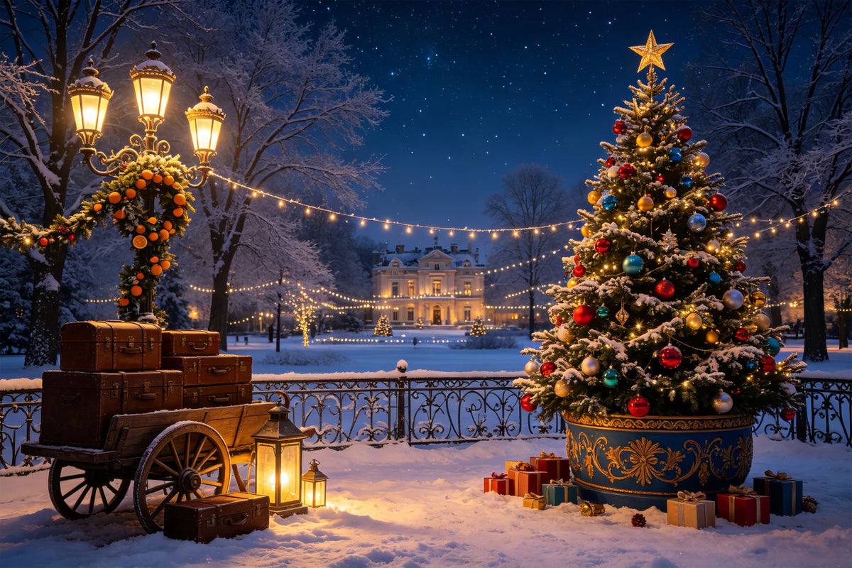 Winterliche Weihnachtskulisse Grand Estate Baumwagen Weihnachtshintergründe CSH69-39