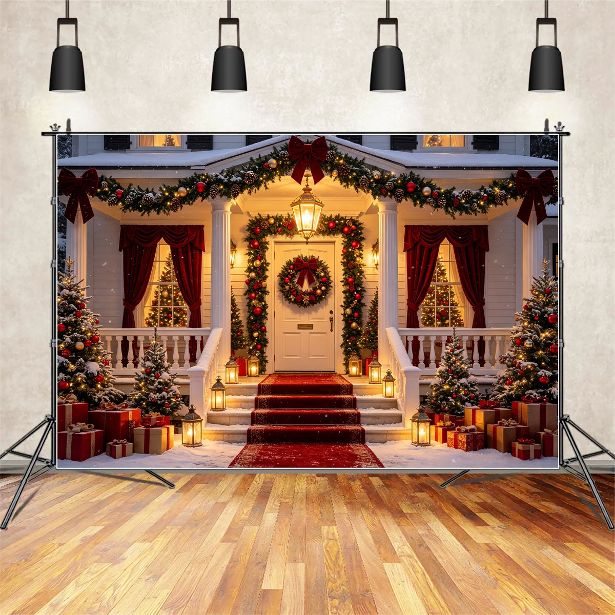 Weihnachtsnacht-Hintergrund Eingang Mit Rotem Teppich Weihnachtshintergrund Für Fotografie CSH69-40
