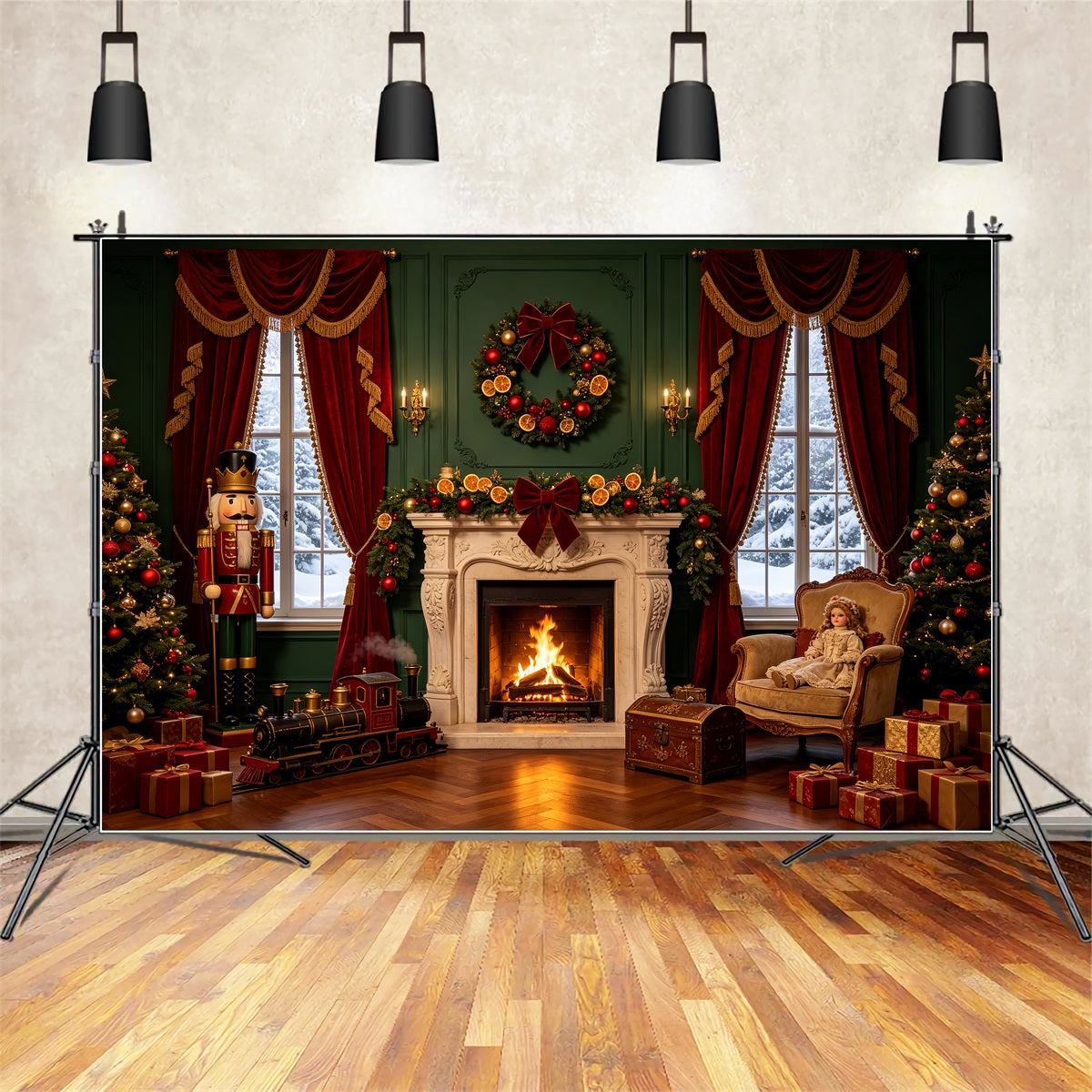 Weihnachtsfenster-Hintergrund Nussknacker-Herd Puppensalon Weihnachts-Fotohintergründe CSH69-42