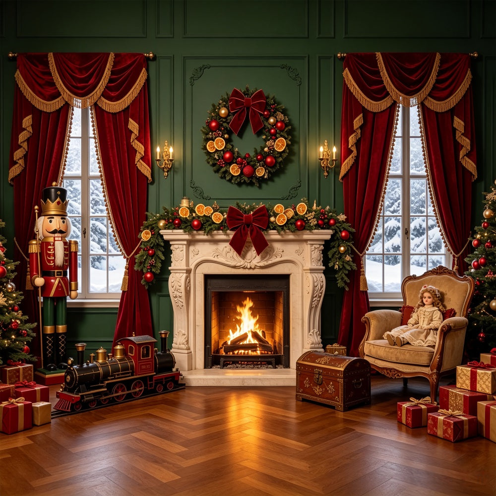 Weihnachtsfenster-Hintergrund Nussknacker-Herd Puppensalon Weihnachts-Fotohintergründe CSH69-42