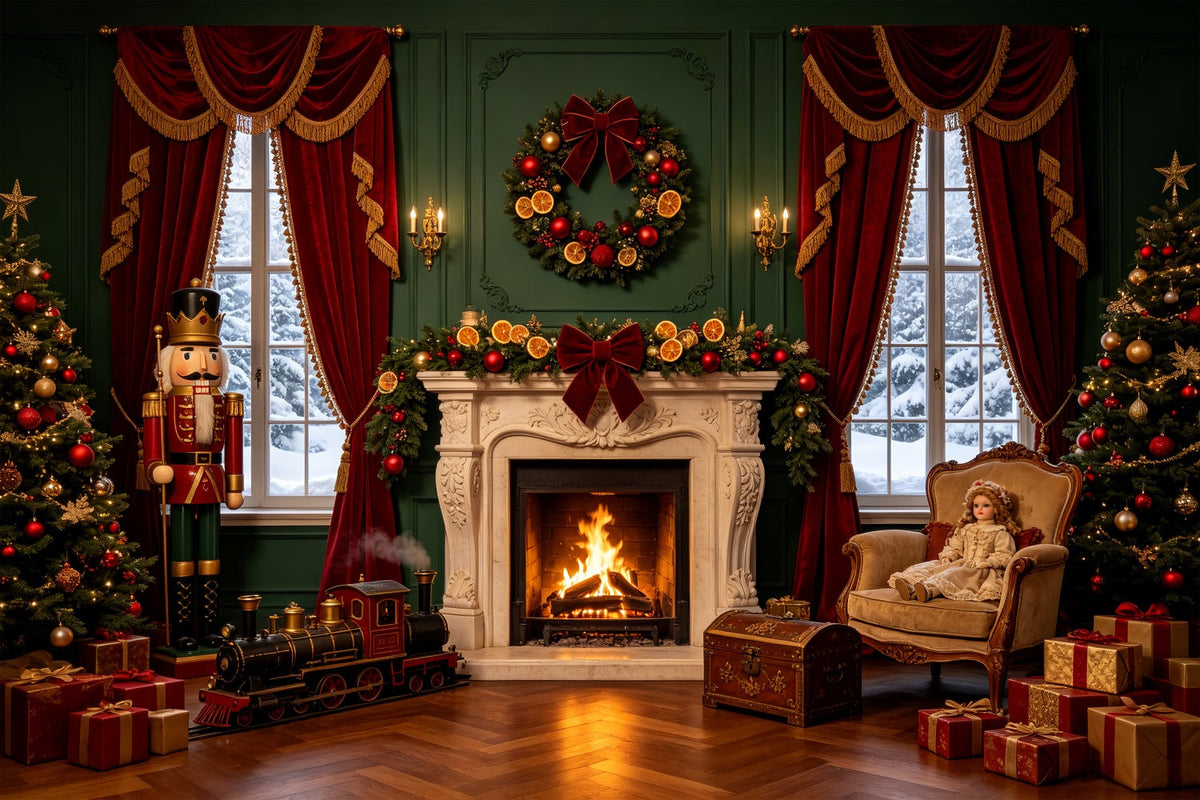 Weihnachtsfenster-Hintergrund Nussknacker-Herd Puppensalon Weihnachts-Fotohintergründe CSH69-42