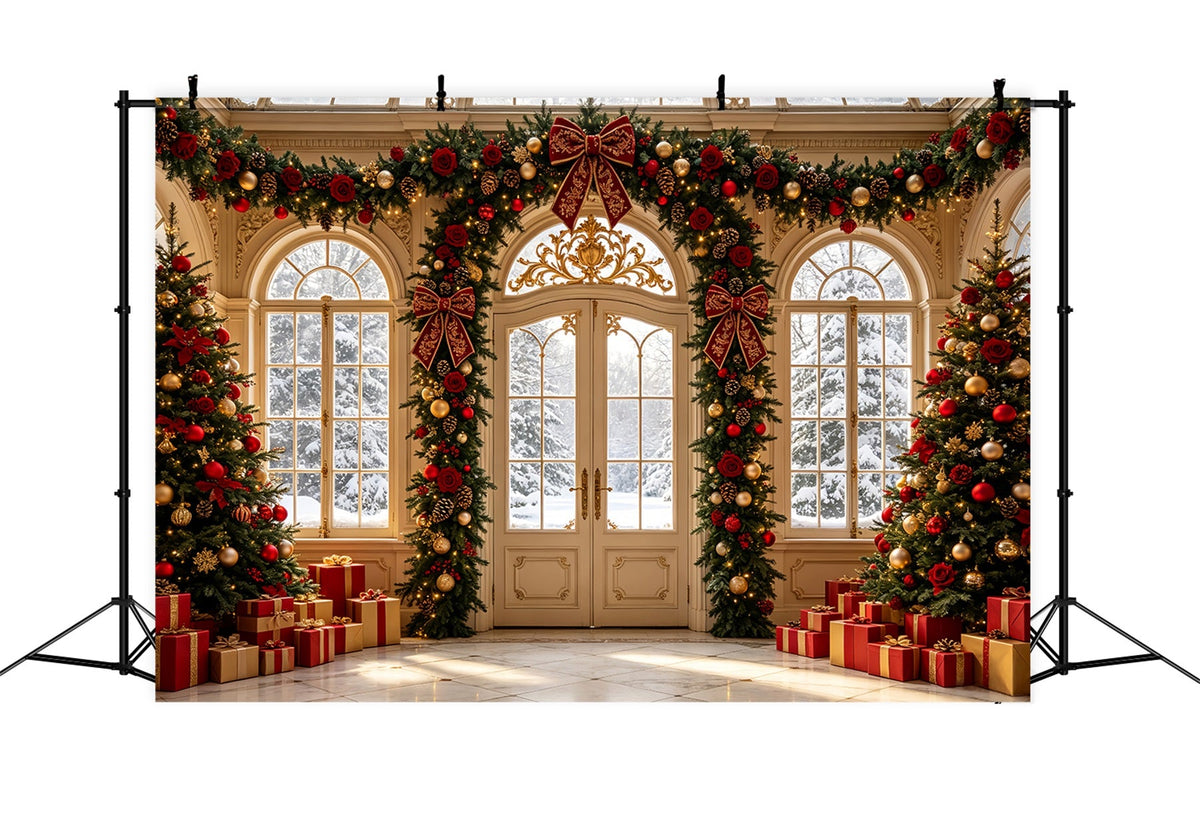 Weihnachts-Wohnzimmer-Hintergrund Rosengirlanden-Grand-Eingang Weihnachts-Wandhintergründe CSH69-43