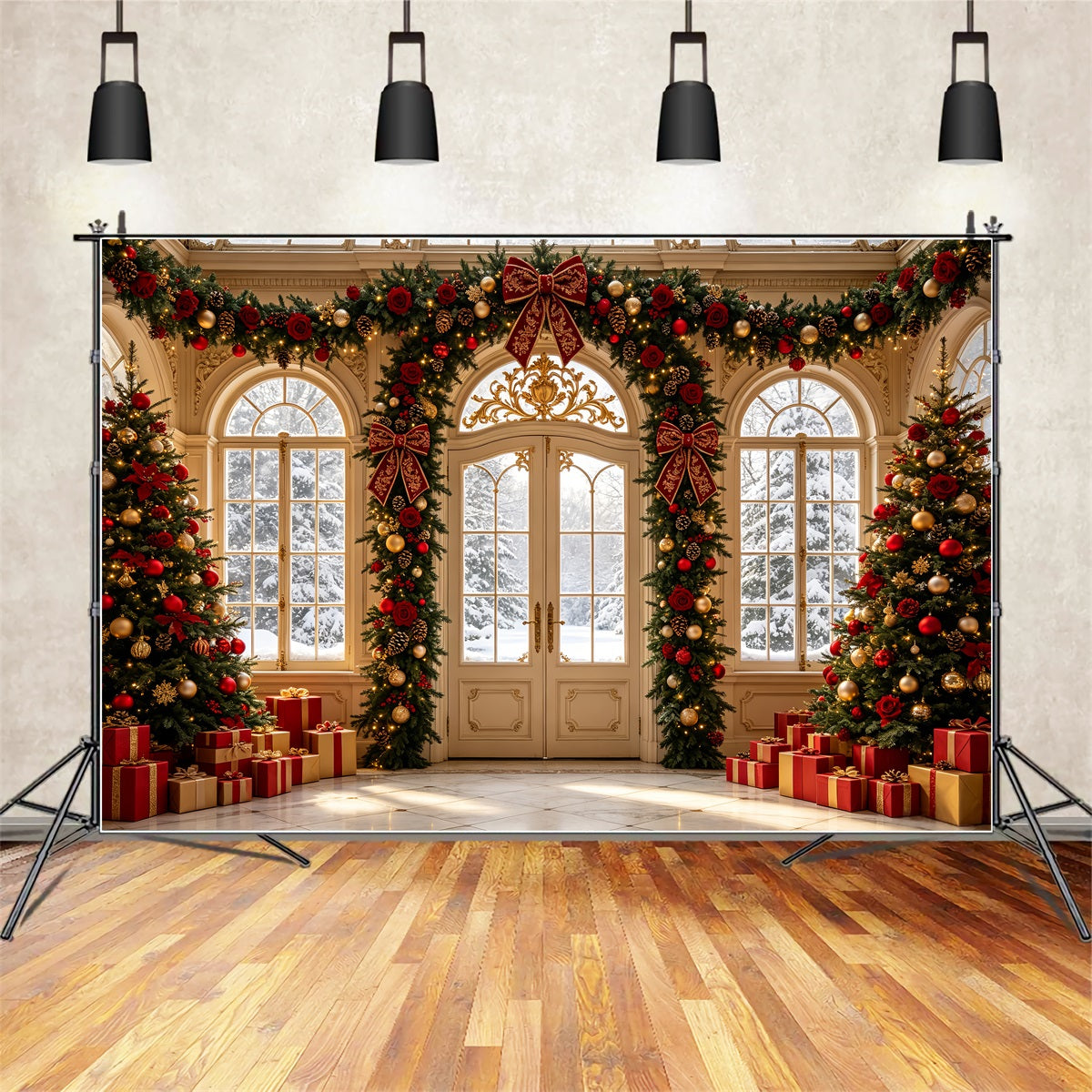 Weihnachts-Wohnzimmer-Hintergrund Rosengirlanden-Grand-Eingang Weihnachts-Wandhintergründe CSH69-43