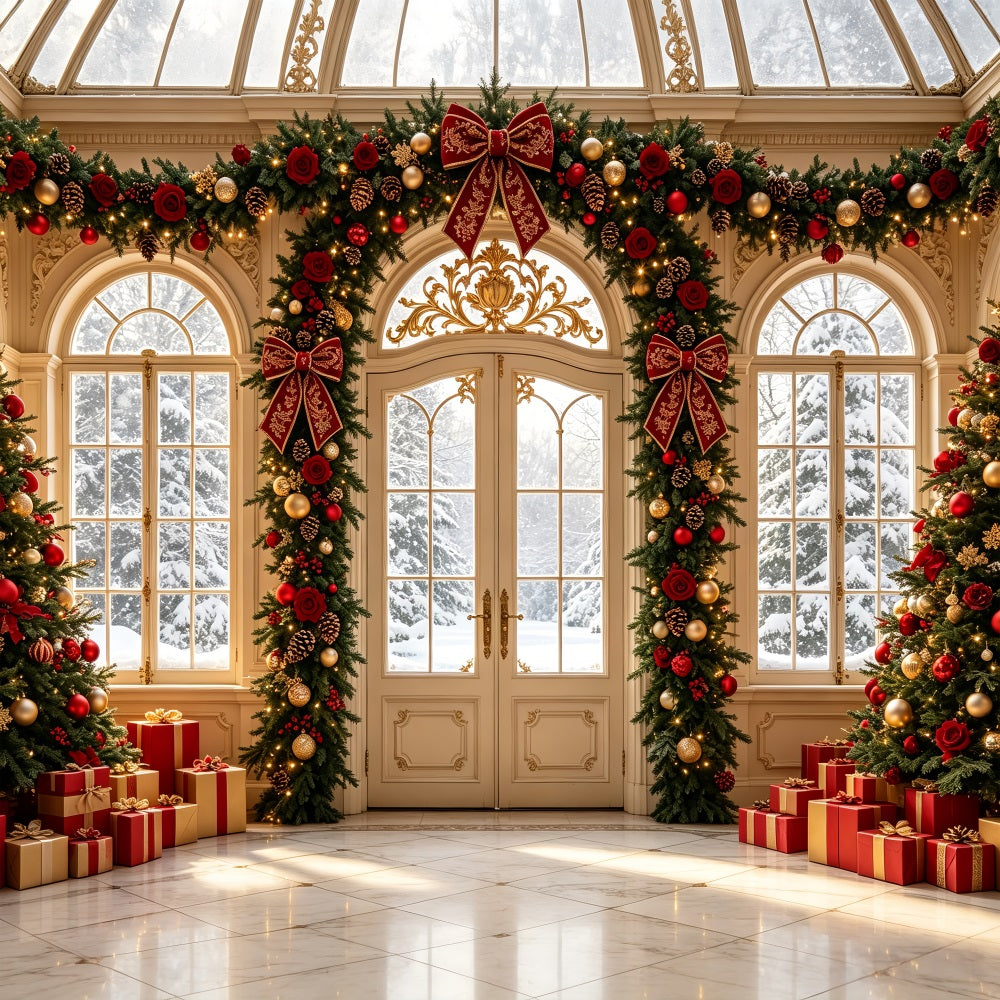Weihnachts-Wohnzimmer-Hintergrund Rosengirlanden-Grand-Eingang Weihnachts-Wandhintergründe CSH69-43