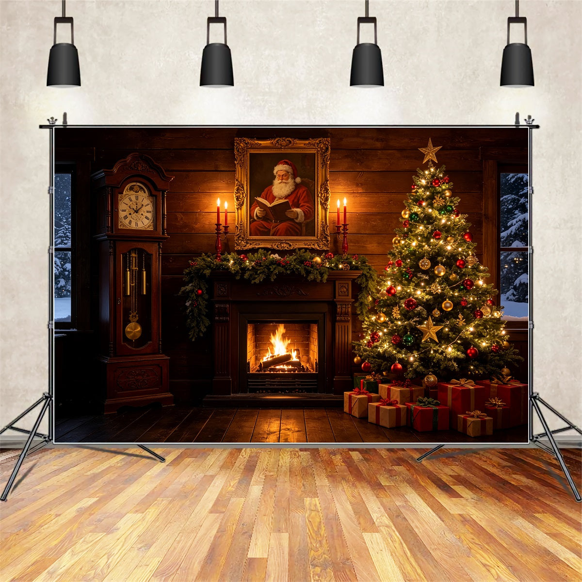 Weihnachtshütten-Kulisse Kaminzimmer Mit Weihnachtsmannporträt Studiohintergründe Weihnachten CSH69-47