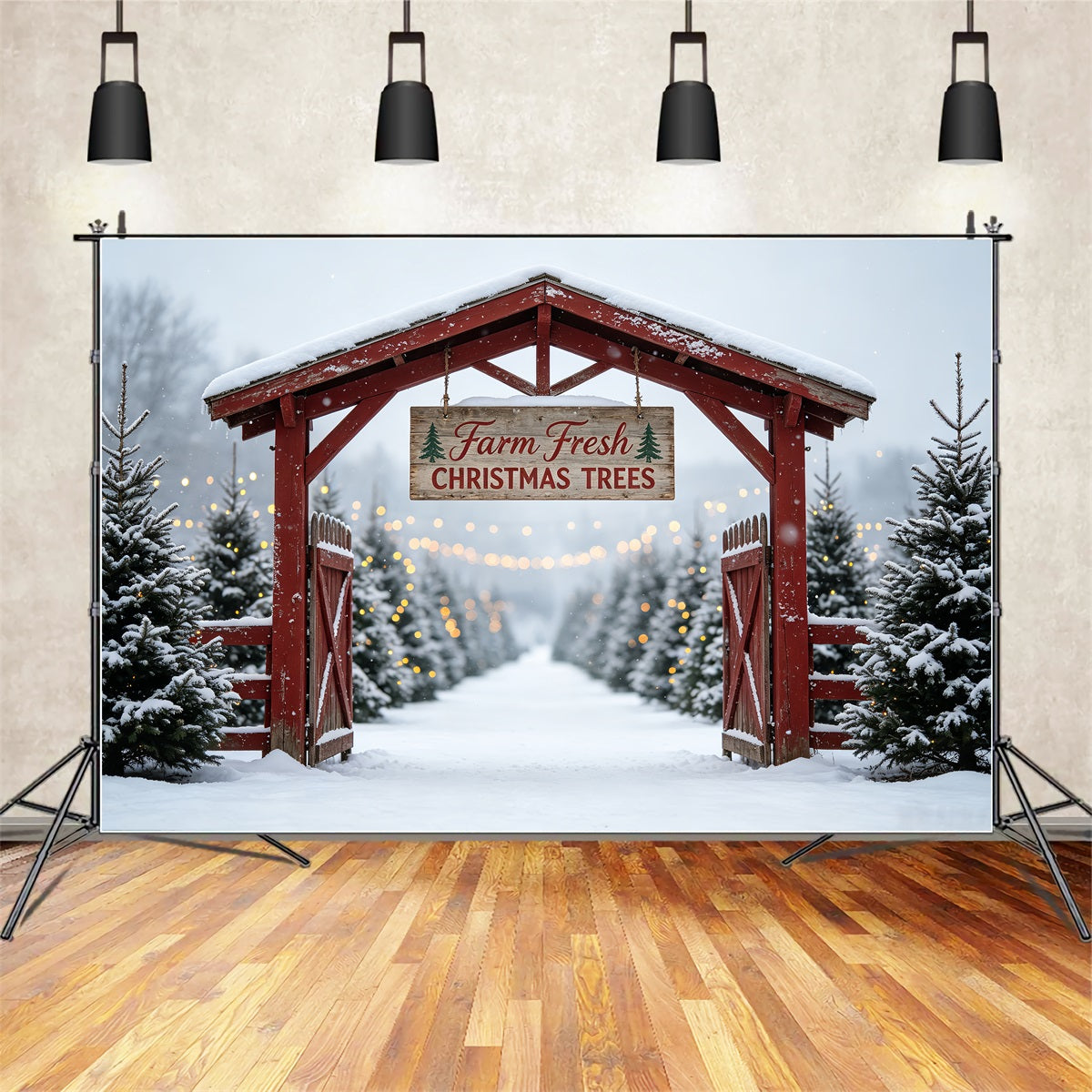 Kulisse Für Eine Weihnachtsbaumfarm Tor Der Snowy Tree Farm Weihnachtsfotohintergrund CSH69-48