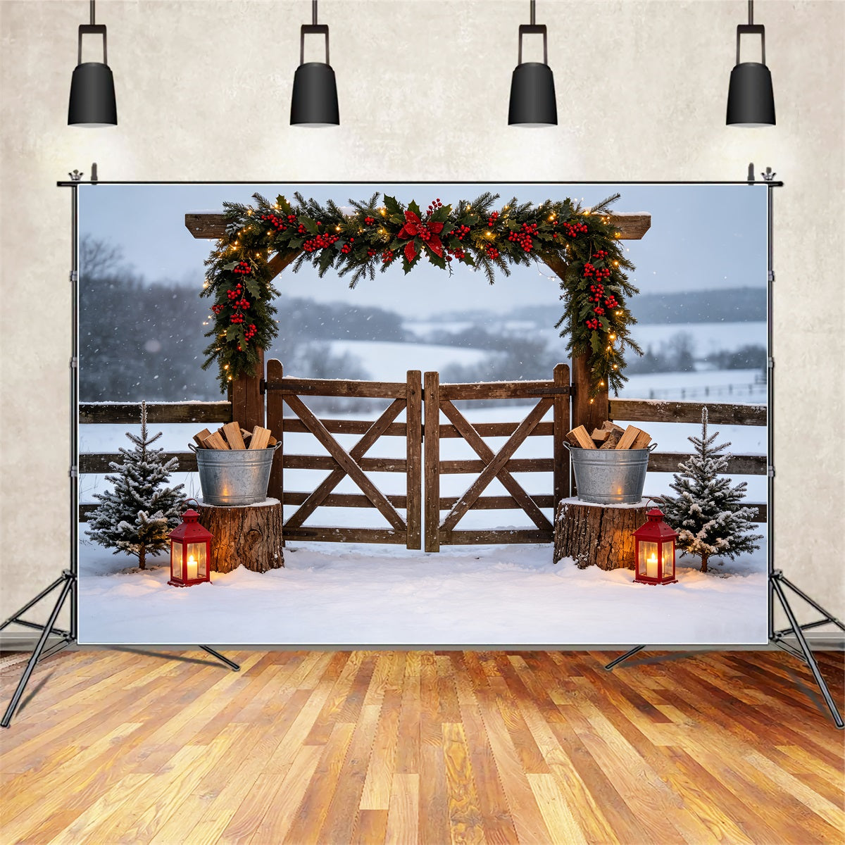 Ländliche Weihnachtskulisse Snowy Garland Farm Gate Weihnachts-Fotohintergründe CSH69-49