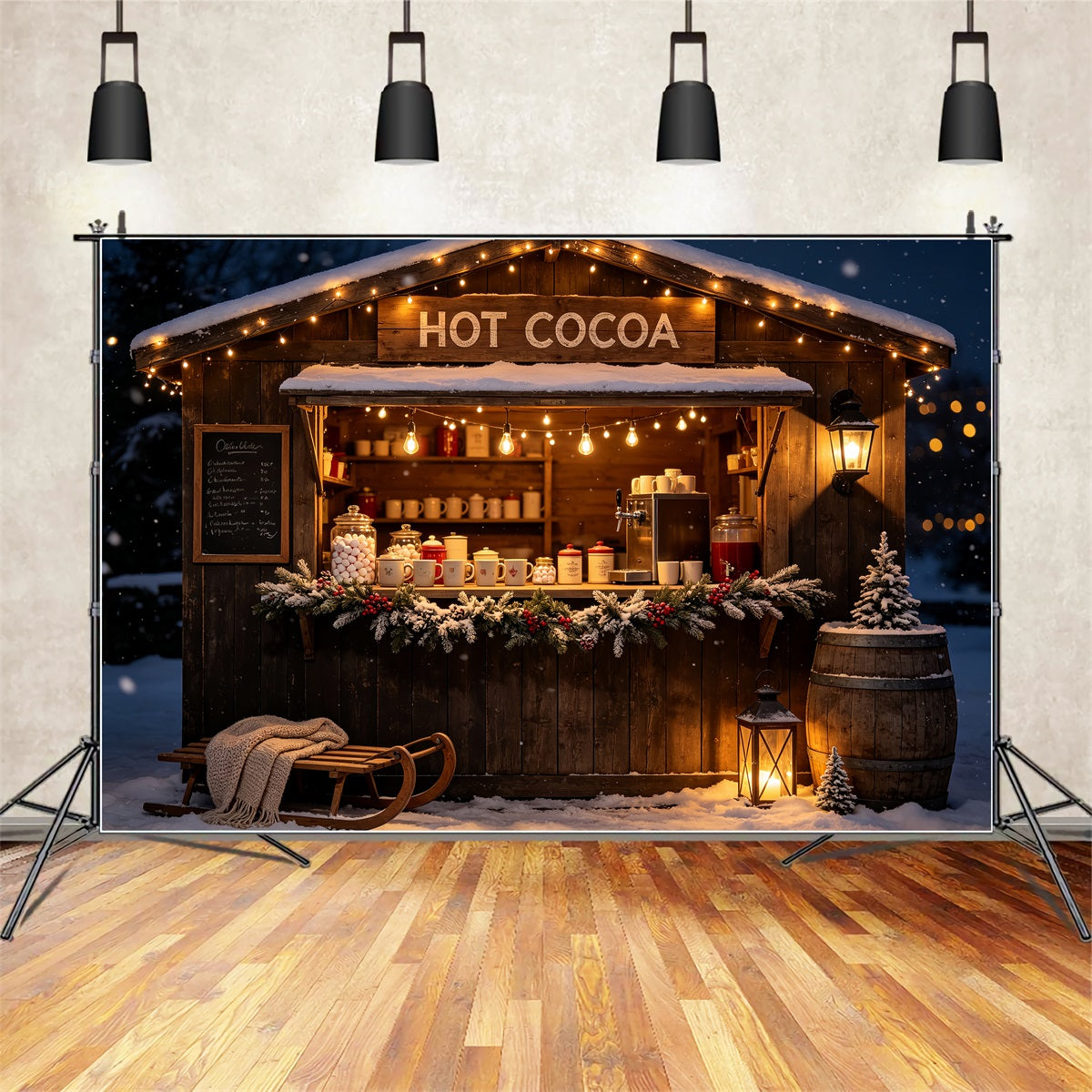 Weihnachtsladen-Hintergrund Rustikaler Stand Für Heiße Schokolade Weihnachts-Fotohintergründe CSH69-5