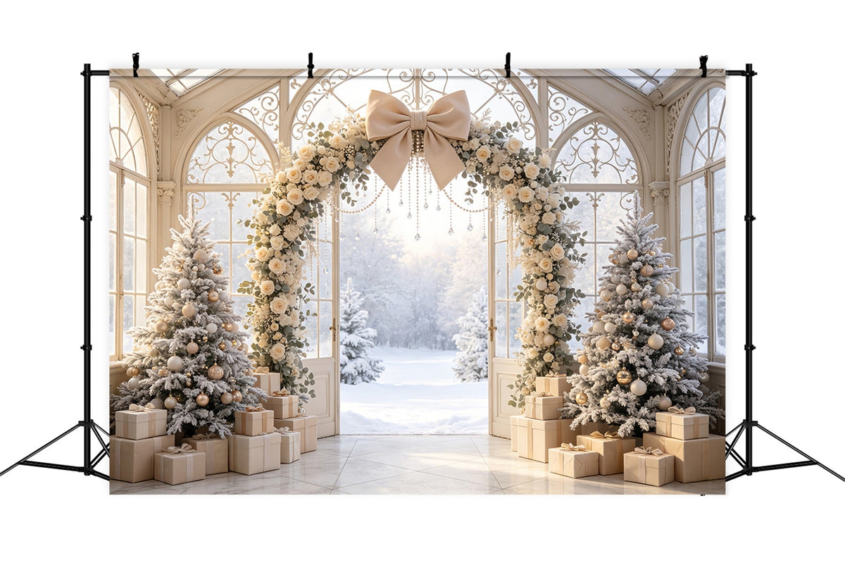 Verschneite Weihnachtskulisse Elfenbeinfarbener Blumenbogen Studio-Weihnachtskulissen CSH69-52