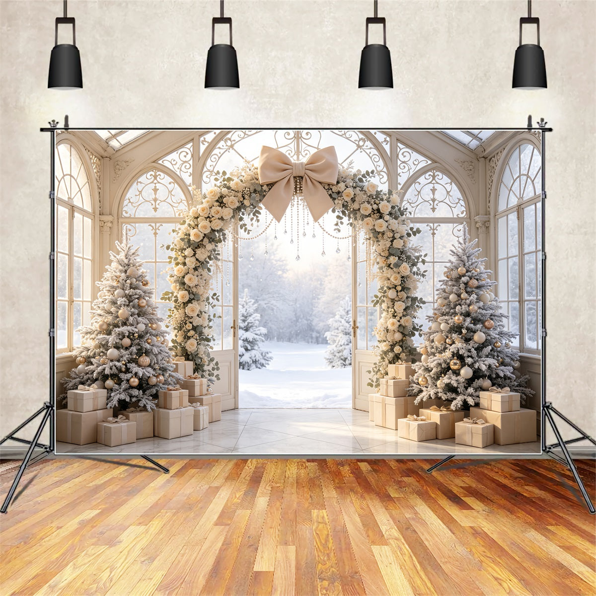 Verschneite Weihnachtskulisse Elfenbeinfarbener Blumenbogen Studio-Weihnachtskulissen CSH69-52