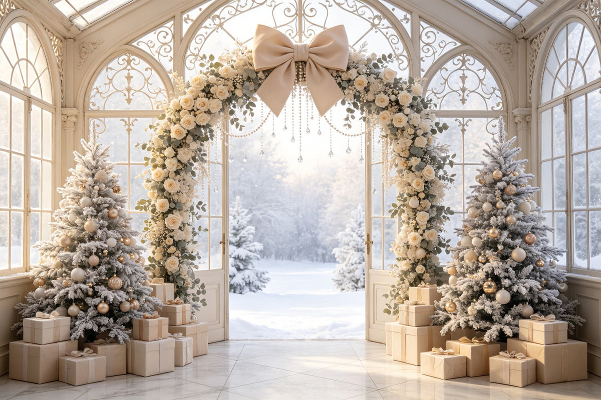 Verschneite Weihnachtskulisse Elfenbeinfarbener Blumenbogen Studio-Weihnachtskulissen CSH69-52
