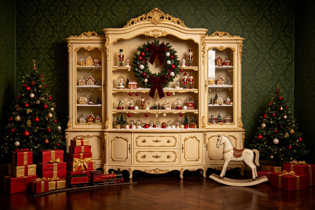 Rustikale Weihnachtskulisse Vintage-Dorf-Schrankdisplay Weihnachtswand-Hintergrund CSH69-53