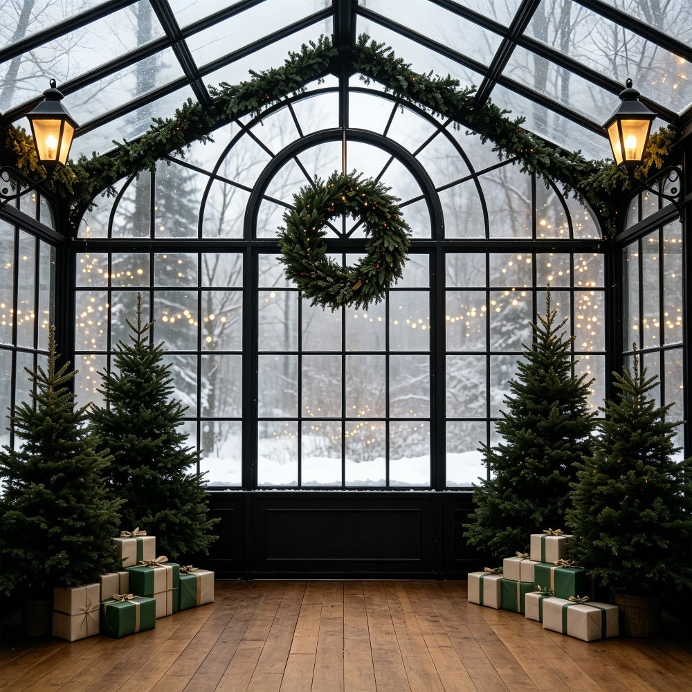 Weihnachtsgrün-Hintergrund Schneebedeckter Wintergarten-Kranzbogen Weihnachtliche Indoor-Hintergrundkulisse CSH69-55