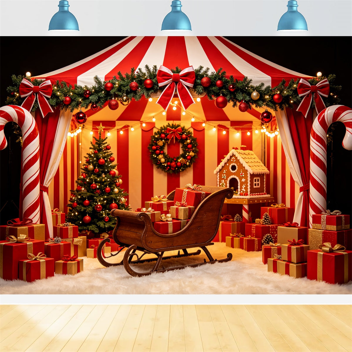 Kulisse Für Die Weihnachtswerkstatt Zuckerstangen-Zelt-Schlitten-Ausstellung Weihnachtskulisse Für Partys CSH69-58