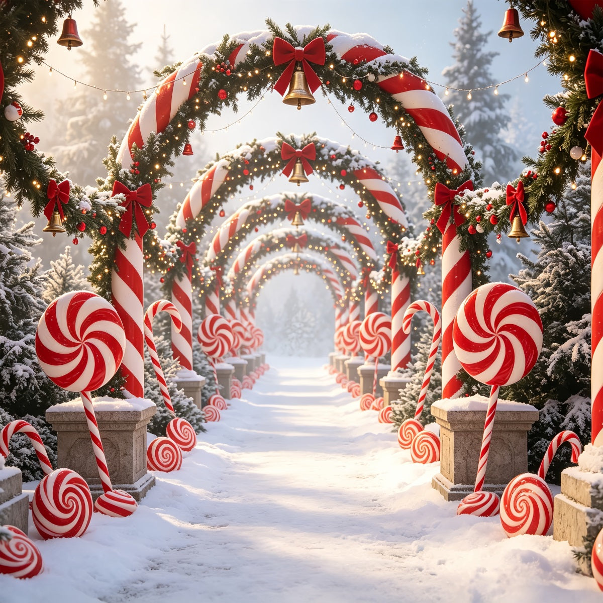 Hintergrund Zuckerstangengasse Weg Durch Den Verschneiten Waldbogen 3D-Weihnachtshintergrund CSH69-59