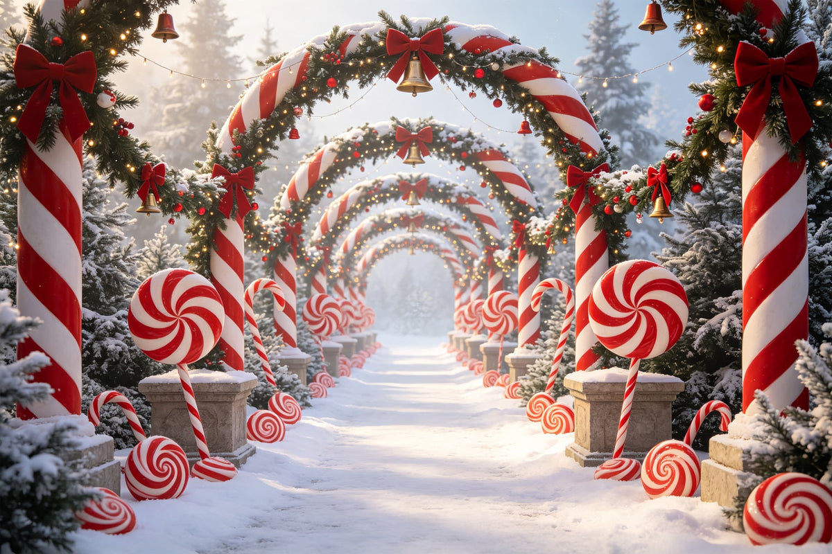 Hintergrund Zuckerstangengasse Weg Durch Den Verschneiten Waldbogen 3D-Weihnachtshintergrund CSH69-59
