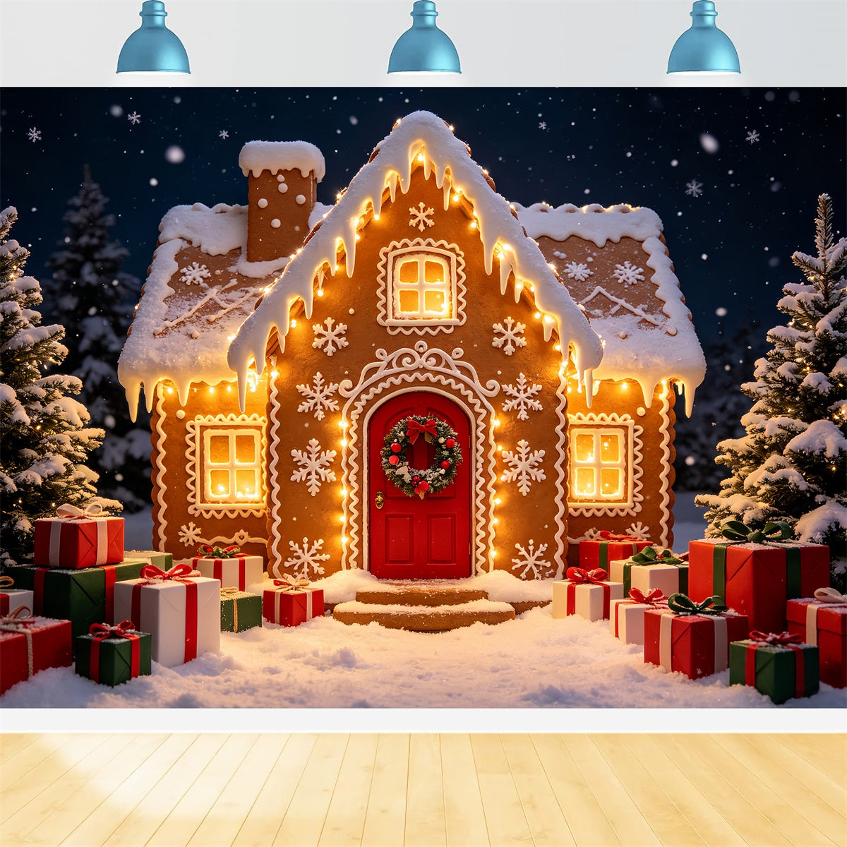 Fotohintergrund Aus Lebkuchen Weg Zur Hütte Im Verschneiten Wald Lebkuchenhaus-Hintergründe CSH69-61