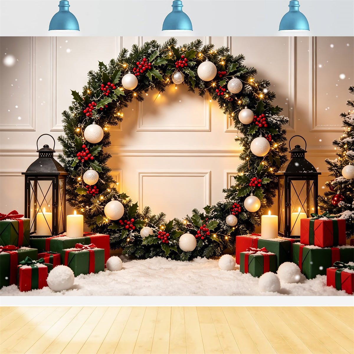 Weihnachts-Fotokabinen-Hintergrund Stechpalmenlaternen-Geschenkbogen Weihnachts-Hintergrundfotografie CSH69-62