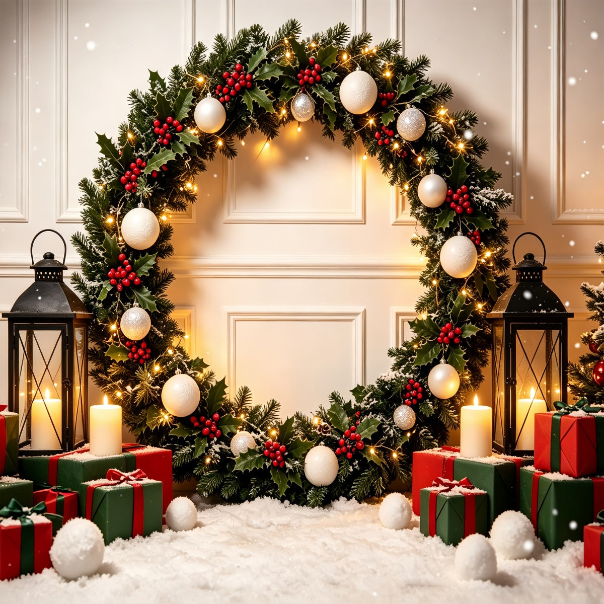 Weihnachts-Fotokabinen-Hintergrund Stechpalmenlaternen-Geschenkbogen Weihnachts-Hintergrundfotografie CSH69-62