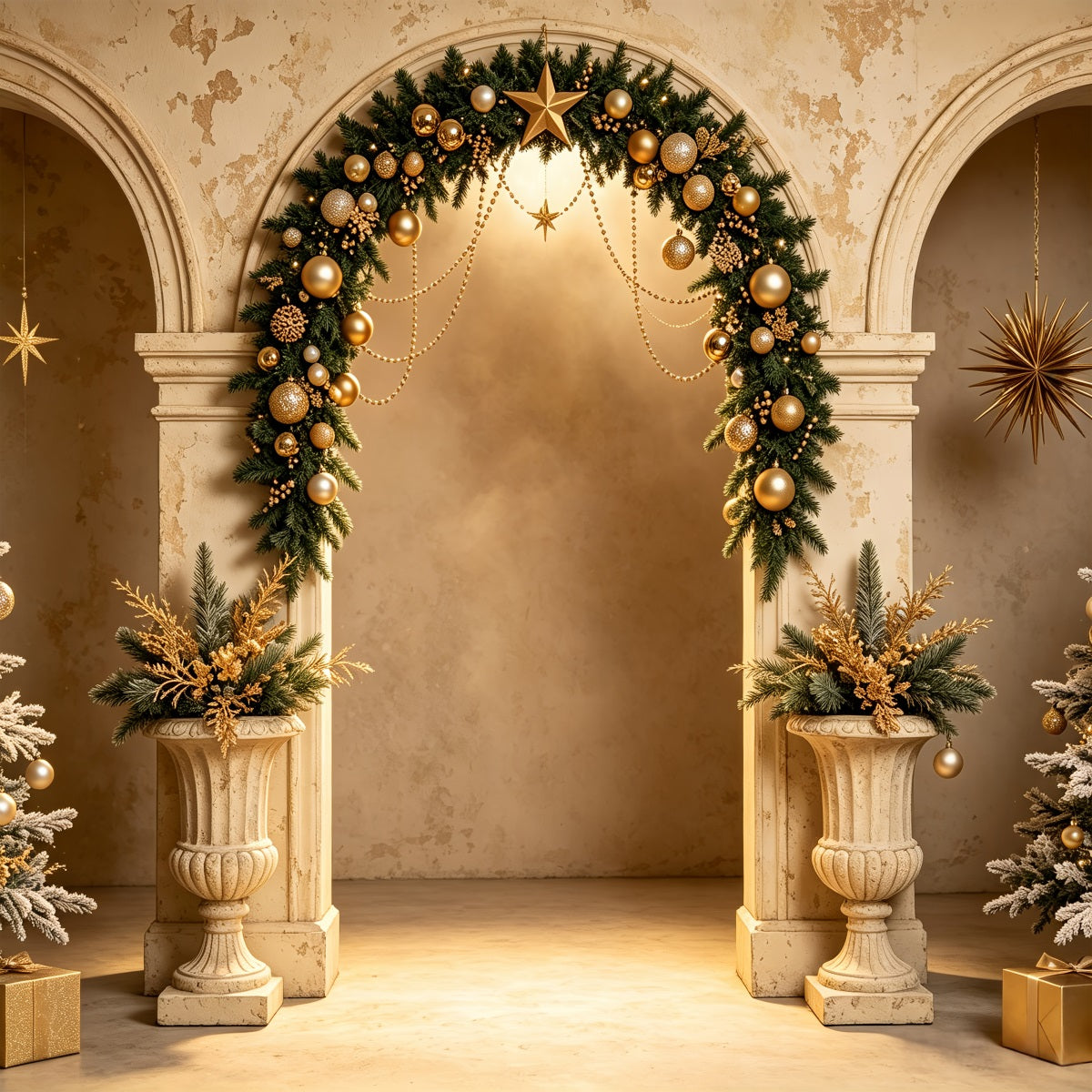 Weihnachtsfoto-Hintergrund Goldener Torbogen-Baumschmuck Weihnachtliche Hintergründe Für Die Fotografie CSH69-66