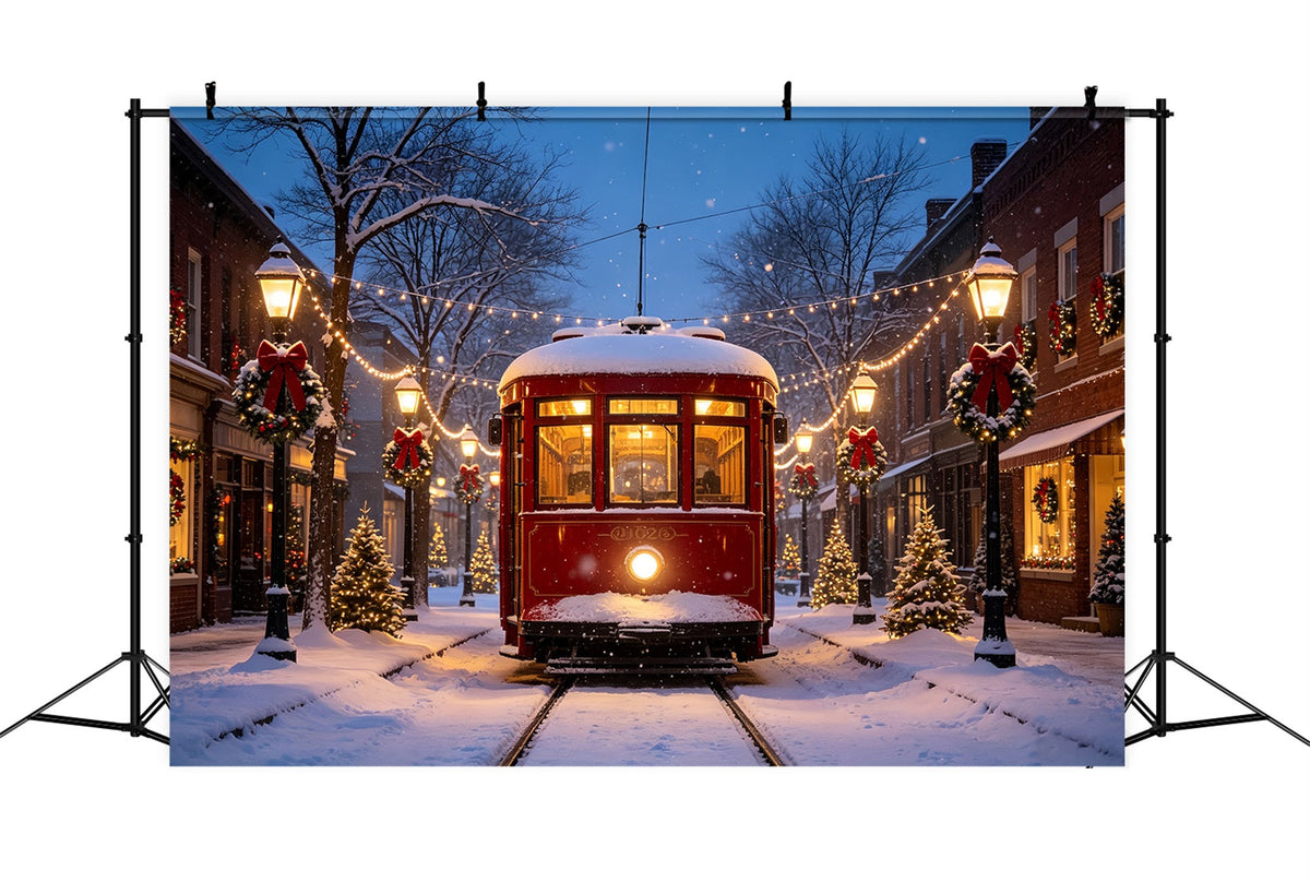 Weihnachtsdorf-Hintergründe Historische Straßenbahn Snowy Street Kulisse Für Das Weihnachtsdorf CSH69-68