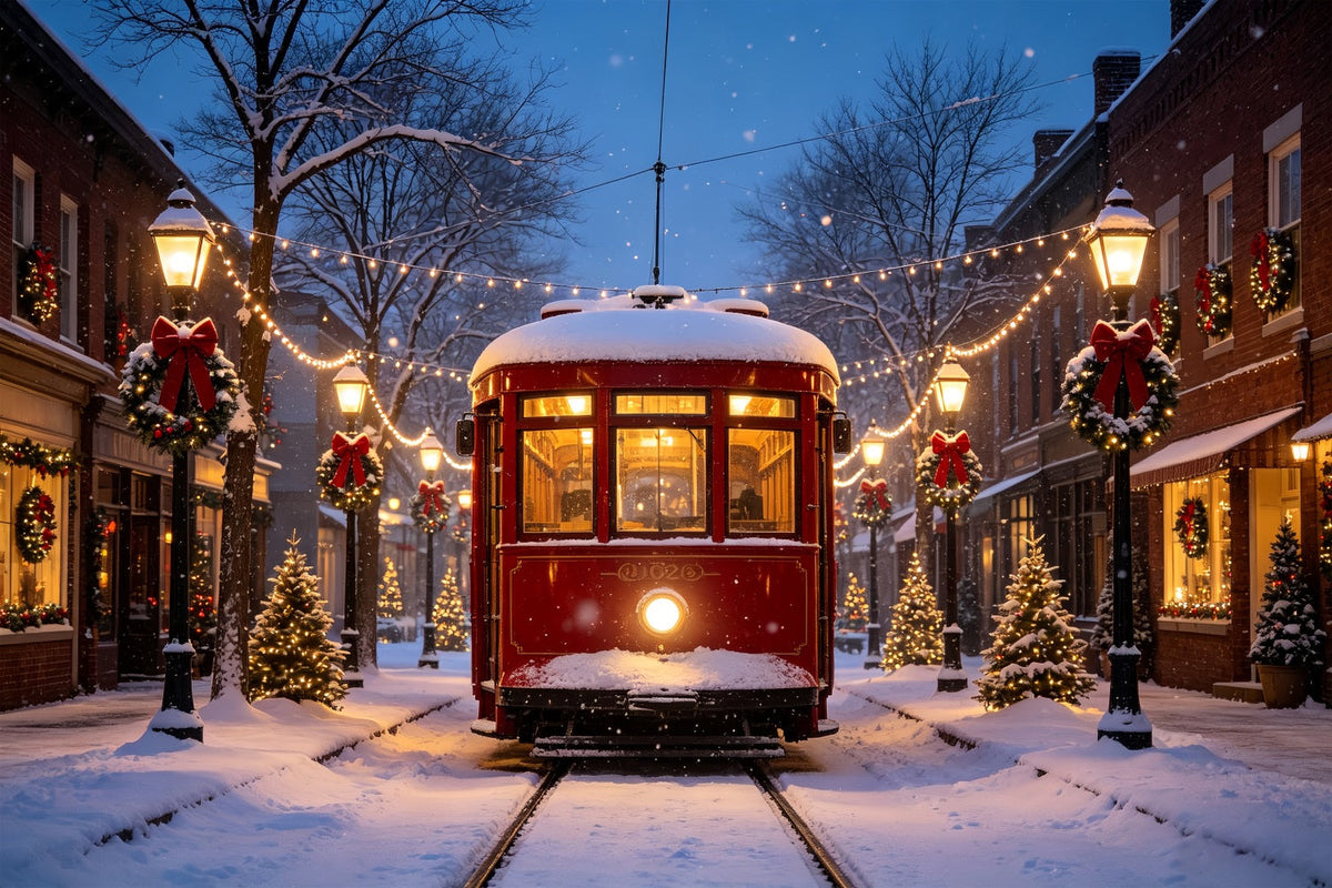 Weihnachtsdorf-Hintergründe Historische Straßenbahn Snowy Street Kulisse Für Das Weihnachtsdorf CSH69-68