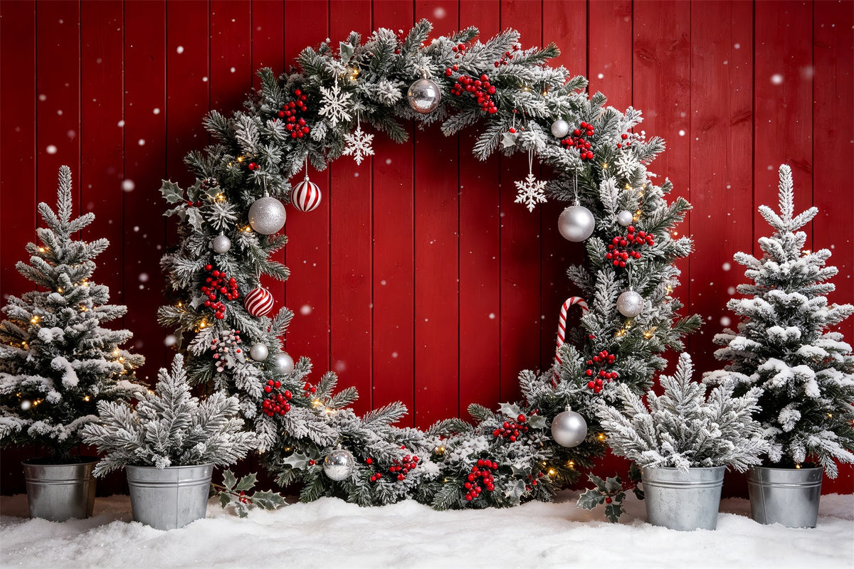 Weihnachts-Fotokabinen-Hintergrund Wand Mit Frostigem Rotem Kranz Weihnachts-Hintergrundfotografie CSH69-69