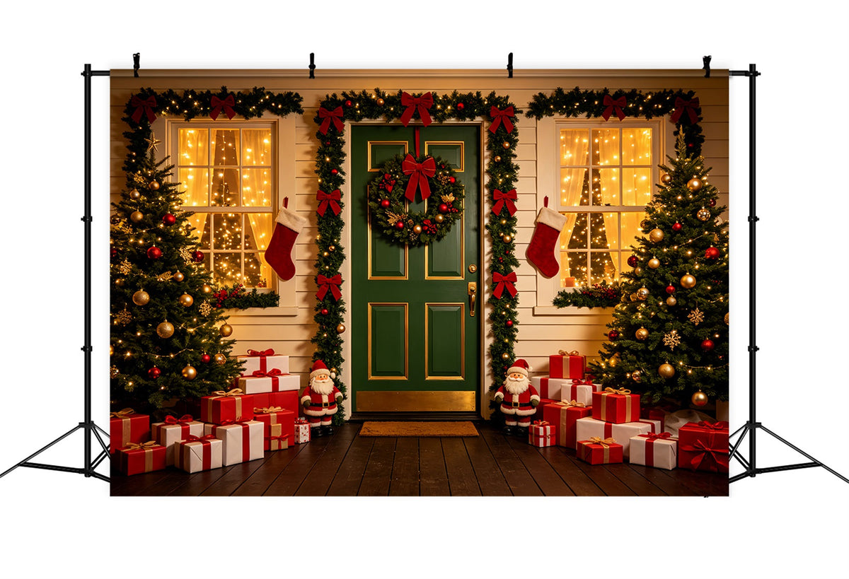 Weihnachtskulisse Im Freien Grüner Türkranz Am Eingang Weihnachtshintergrund CSH69-73