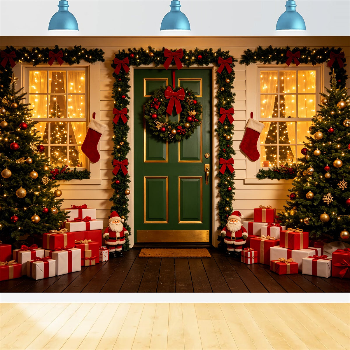 Weihnachtskulisse Im Freien Grüner Türkranz Am Eingang Weihnachtshintergrund CSH69-73