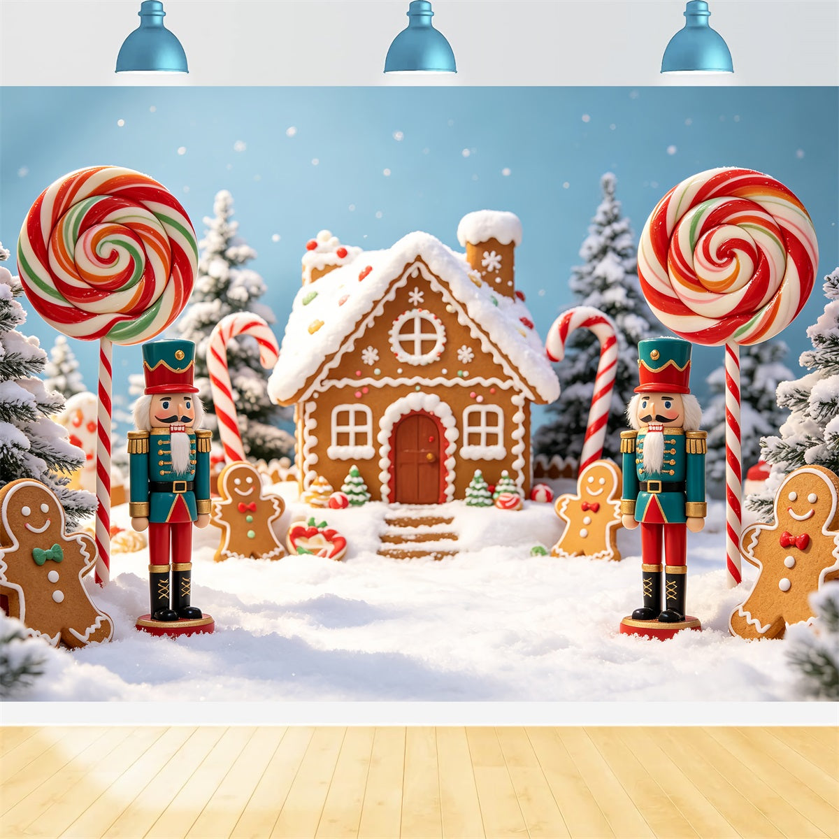 Hintergrundkulisse: Nussknacker Land Der Süßigkeiten Schneebedecktes Zuckerdorf Fotohintergrund Aus Lebkuchen CSH69-75