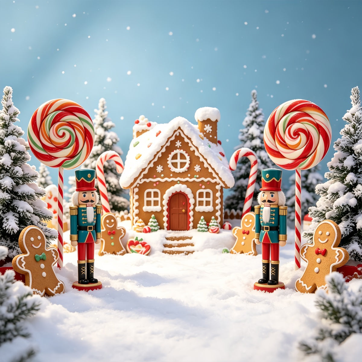 Hintergrundkulisse: Nussknacker Land Der Süßigkeiten Schneebedecktes Zuckerdorf Fotohintergrund Aus Lebkuchen CSH69-75
