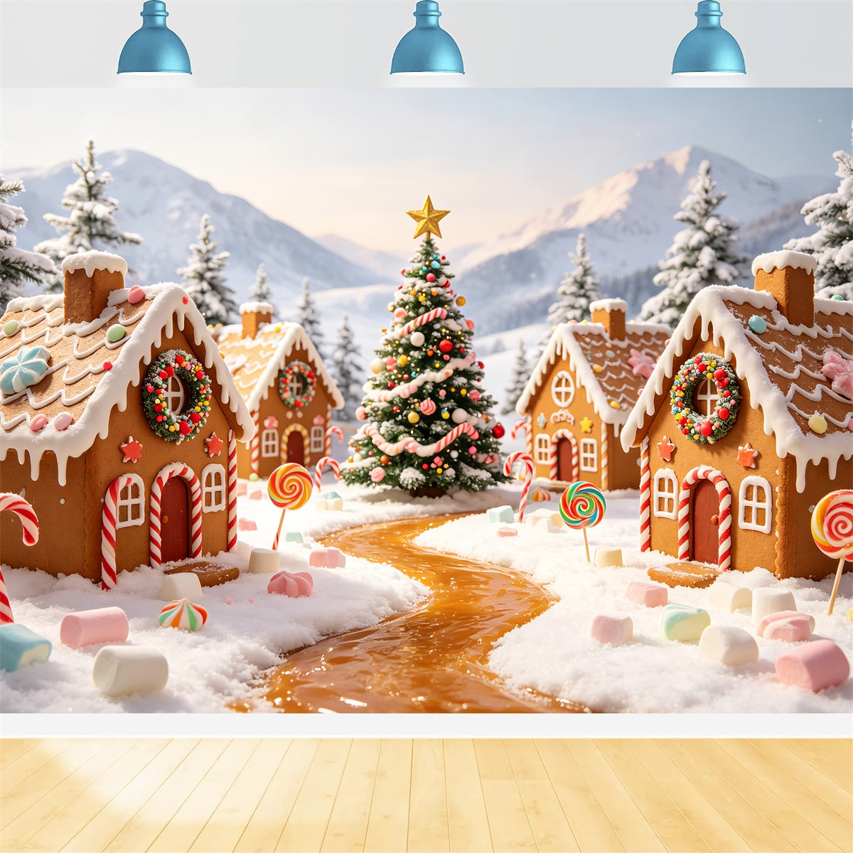 Lebkuchenhaus-Kulisse Candyland Schneedorf Lebkuchenhaus-Hintergründe CSH69-76