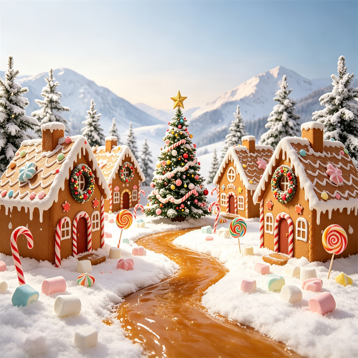 Lebkuchenhaus-Kulisse Candyland Schneedorf Lebkuchenhaus-Hintergründe CSH69-76