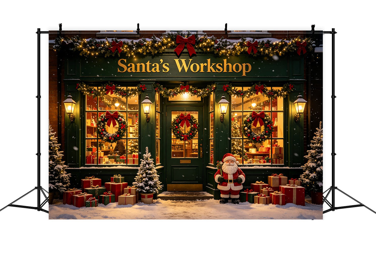 Fotohintergrund Für Die Weihnachtswerkstatt Ladenfront In Snow Green Weihnachtsmann-Fotohintergrund CSH69-78