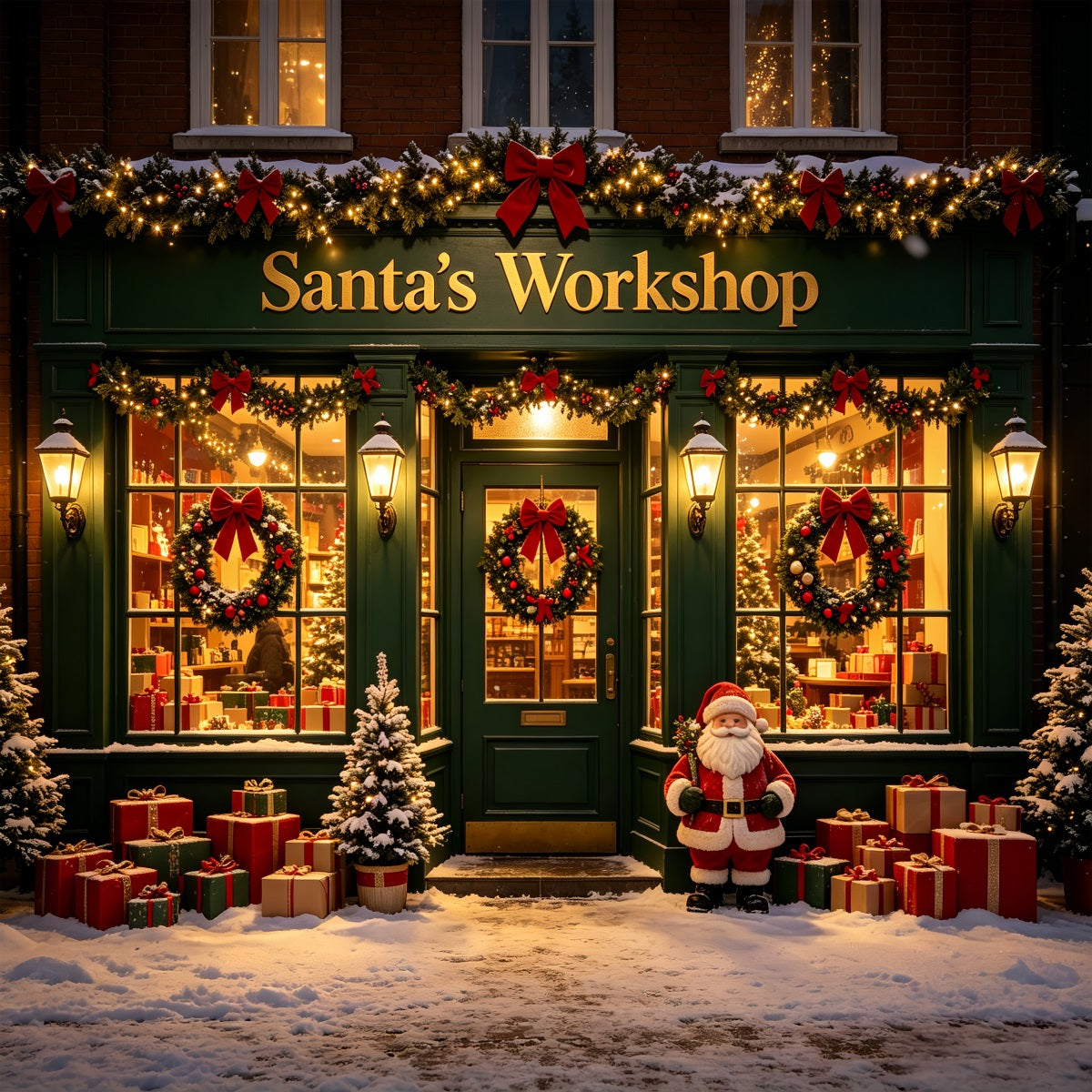 Fotohintergrund Für Die Weihnachtswerkstatt Ladenfront In Snow Green Weihnachtsmann-Fotohintergrund CSH69-78