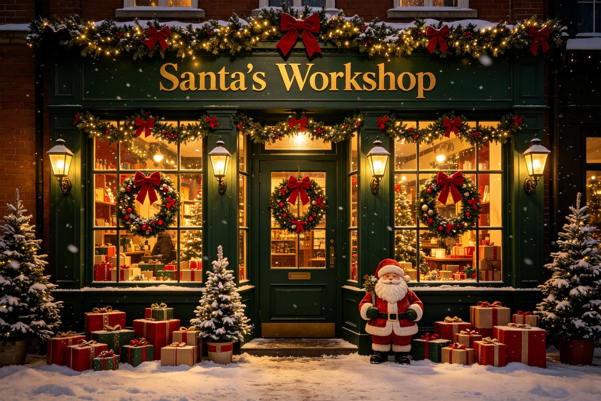 Fotohintergrund Für Die Weihnachtswerkstatt Ladenfront In Snow Green Weihnachtsmann-Fotohintergrund CSH69-78