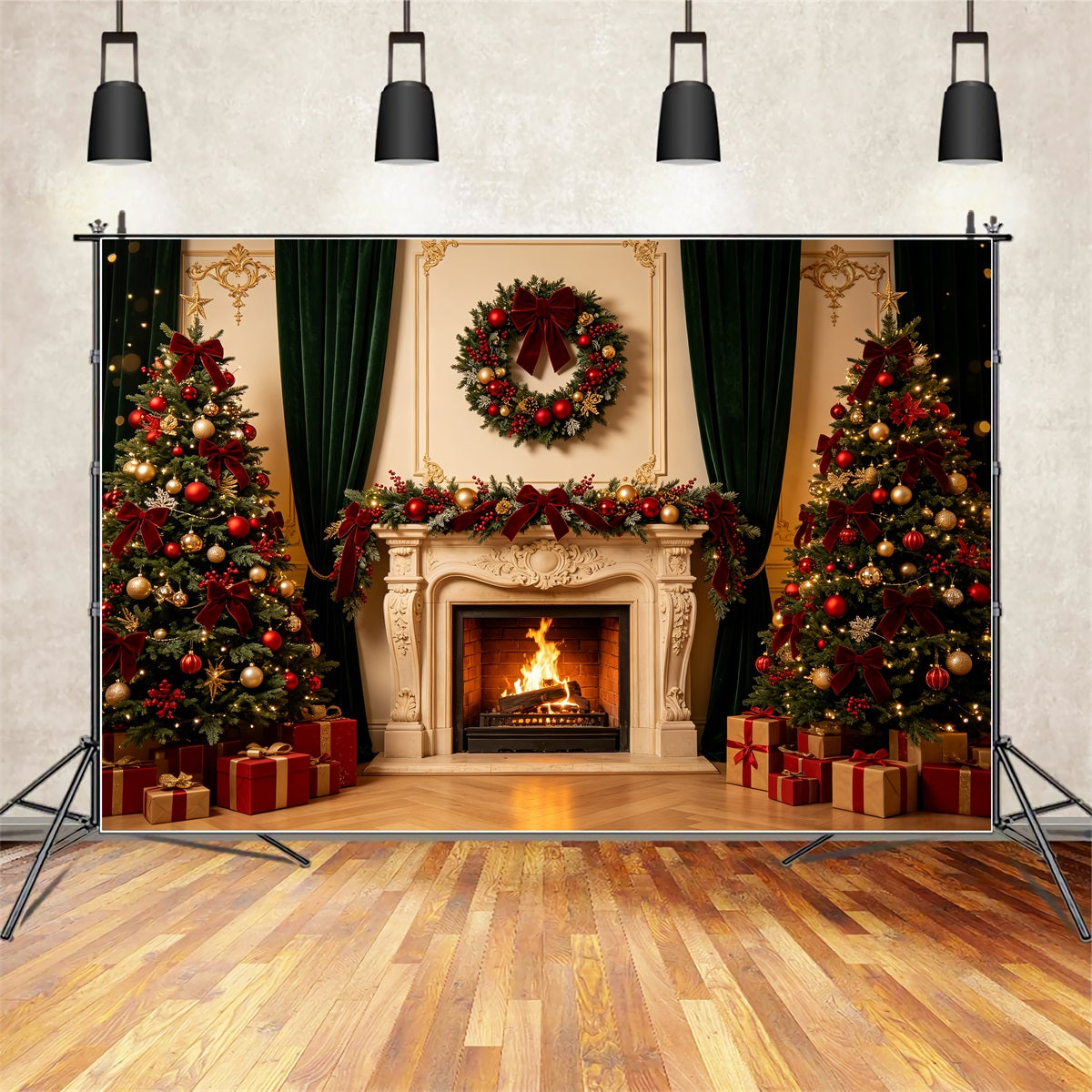 Weihnachtskamin-Hintergrund Eleganter Kranz Im Retro-Stil Für Die Wand Weihnachtsfotohintergrund CSH69-8