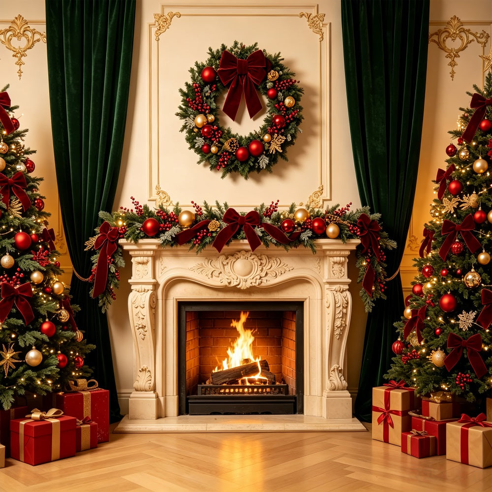 Weihnachtskamin-Hintergrund Eleganter Kranz Im Retro-Stil Für Die Wand Weihnachtsfotohintergrund CSH69-8