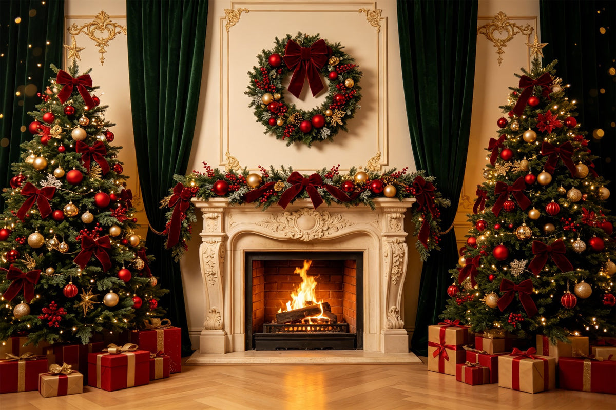 Weihnachtskamin-Hintergrund Eleganter Kranz Im Retro-Stil Für Die Wand Weihnachtsfotohintergrund CSH69-8