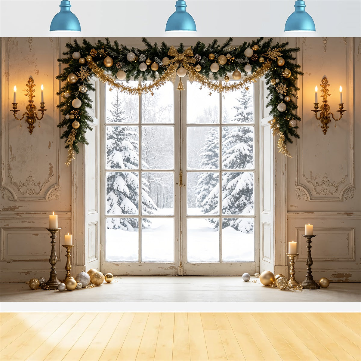 Weihnachtsfenster-Hintergrund Winter Kiefer Türansicht Weihnachts-Porträt-Hintergrund CSH69-80