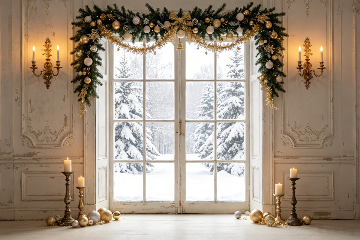 Weihnachtsfenster-Hintergrund Winter Kiefer Türansicht Weihnachts-Porträt-Hintergrund CSH69-80