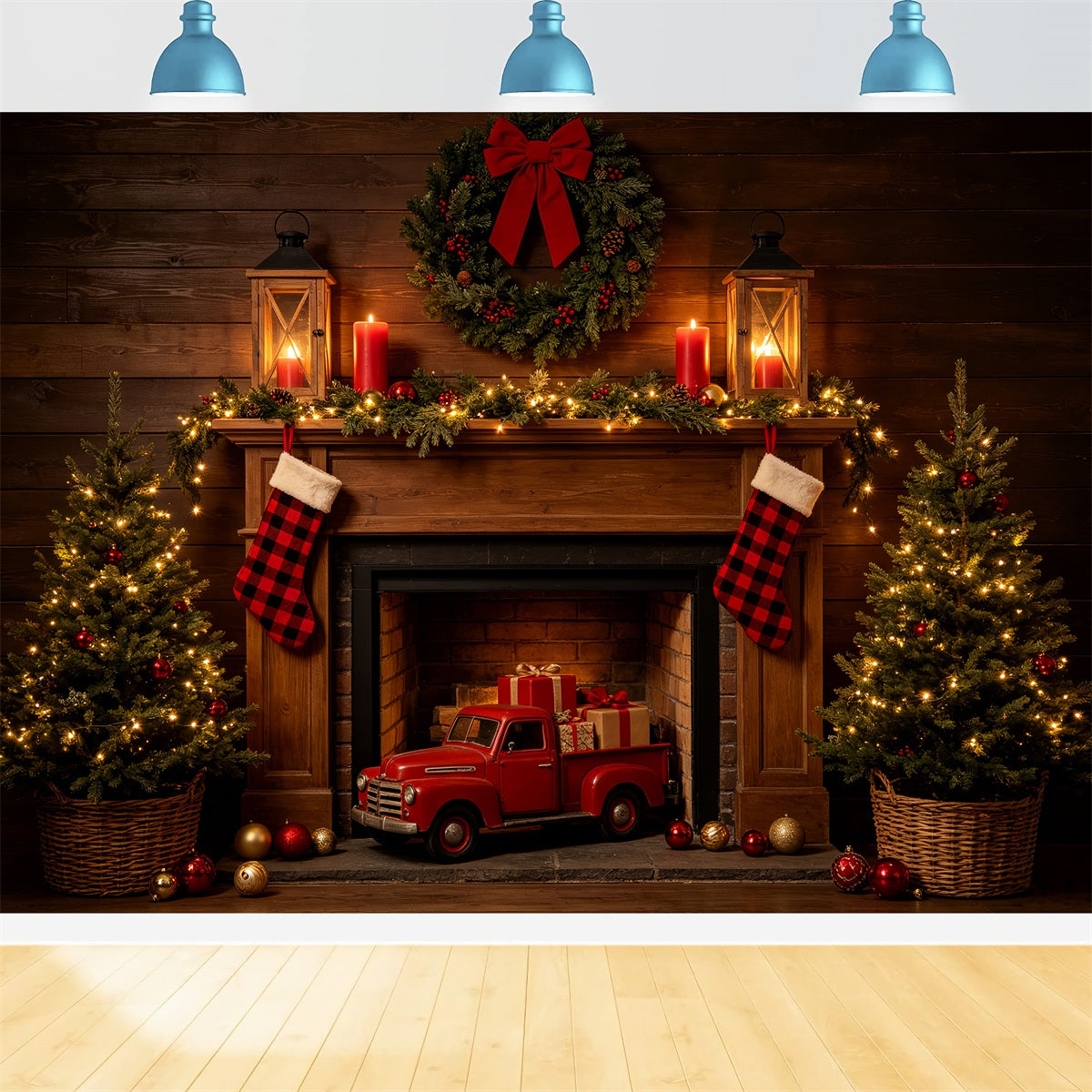 Weihnachtskamin-Hintergrund Rustikale Kaminwagen-Ausstellung Western-Weihnachtskulisse CSH69-81