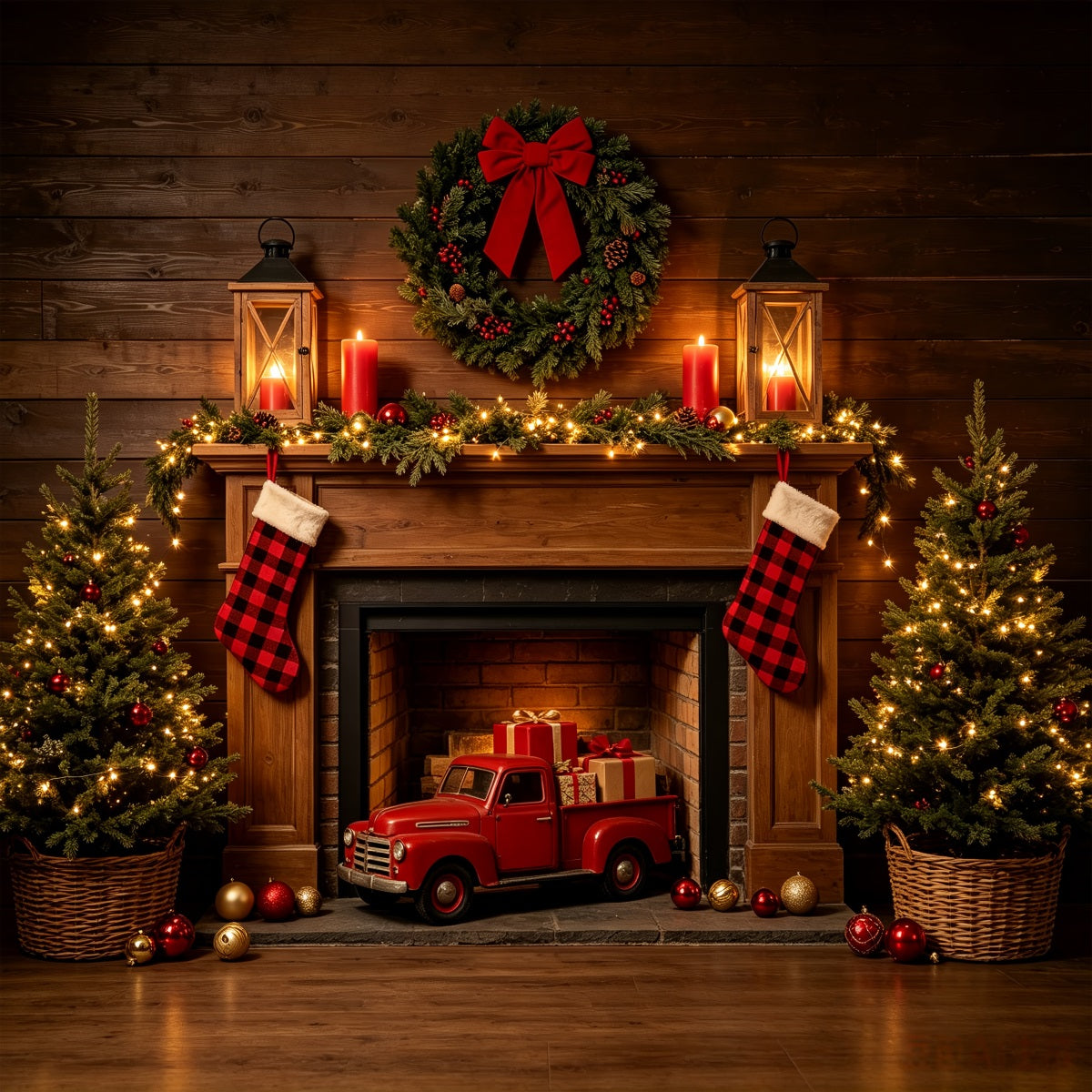 Weihnachtskamin-Hintergrund Rustikale Kaminwagen-Ausstellung Western-Weihnachtskulisse CSH69-81