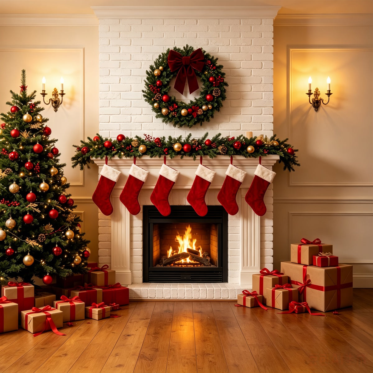 Weihnachtskamin-Hintergrund Klassischer Weißer Kaminsims Weihnachts-Fotohintergründe CSH69-82