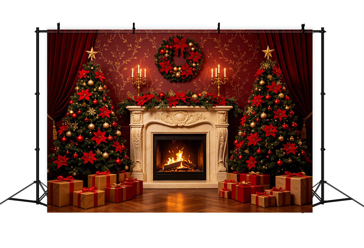 Weihnachtliche Bühnenhintergründe Eleganter Kamin Mit Rotem Vorhang Weihnachtskulisse Für Partys CSH69-83